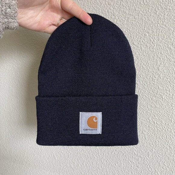 Carhartt Unisex One Size Navy Fold Over Knit Beanie Hat Cap Utility Logo Patch - Picture 1 of 14